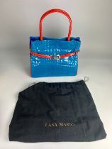 A LANA MARKS POSTIANO TRI-COLOUR ALLIGATOR SKIN 15' HANDBAG, royal blue, orange and turquoise with a