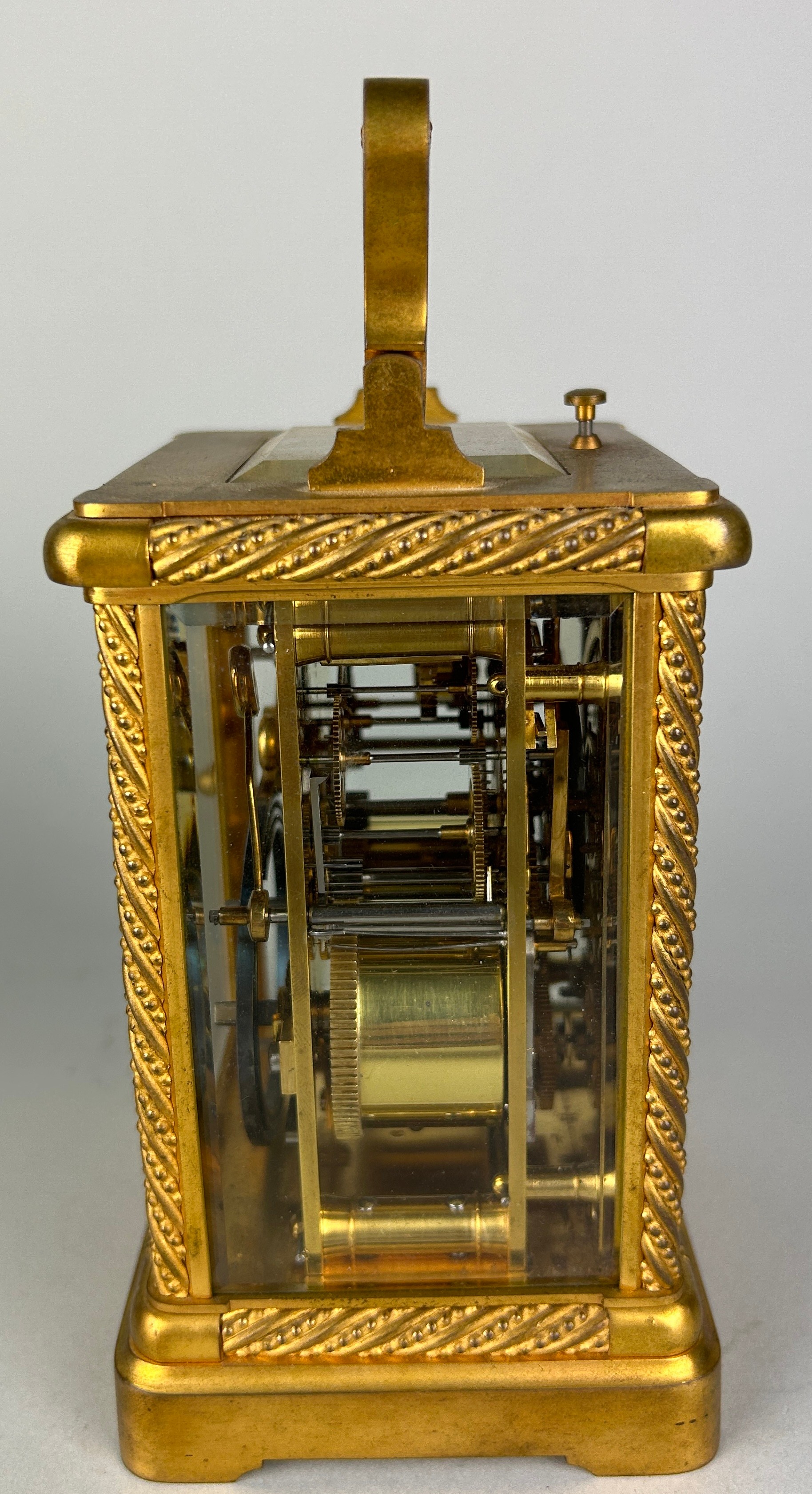 A GOOD CASED 19TH CENTURY FRENCH GILT BRONZE REPEATER CARRIAGE CLOCK WITH ALARM In working order. - Image 5 of 7