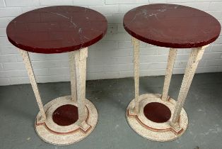 A PAIR OF SIMULATED MARBLE PAINTED GUERIDON TABLES WITH RED VARIEGATED MARBLE TOPS (2) 75CM X 52CM