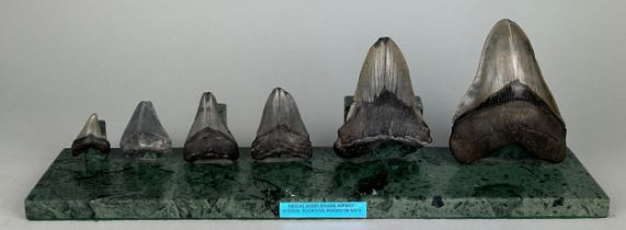 A DECORATIVE DISPLAY OF BLACK MEGALODON PREHISTORIC SHARK TEETH MOUNTED ON GREEN MARBLE STAND, Stand
