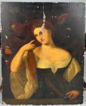 AFTER TITIAN: OIL ON BOARD PAINTING OF A MAIDEN WITH MALE FIGURE IN THE BACKGROUND