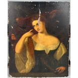 AFTER TITIAN: OIL ON BOARD PAINTING OF A MAIDEN WITH MALE FIGURE IN THE BACKGROUND