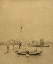 A PEN INK AND WASH DRAWING OF TWO MEN WADING BESIDE A SAILBOAT IN A HARBOUR