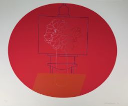 DERRICK GREAVES (1927-2002), Untitled aquatint of a still life on an easel, with a red background.