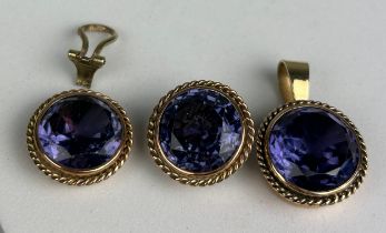 A SET OF SYNTHETIC CORUNDUM GOLD MOUNTED PENDANT AND PAIR OF EARRINGS (3), One earring clasp needs