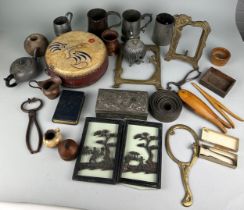 AN ASSORTMENT OF VARIOUS MISCELLANEOUS ITEMS, to include art nouveau brass picture frames, a Chelsea