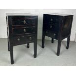 A PAIR OF BLACK LACQUERED CHINESE DESIGN BEDSIDE TABLES POSSIBLY RETAILED BY OKA (2)