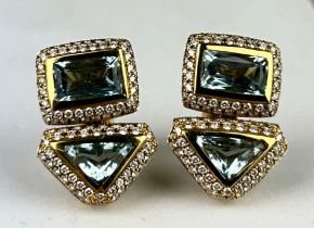 A PAIR OF MATCHING CORUM 18CT GOLD AND AQUAMARINE EARRINGS, Weight: 24.8gms 22mm x 18mm each.