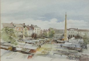 JOAN PRYNN 'MARKET PLACE, RIPON' WATERCOLOUR ON PAPER, Mounted in a frame and glazed. 25cm x 17.5cm