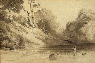 A 19TH CENTURY PEN INK AND WASH DRAWING OF A BOY FISHING IN A RIVER