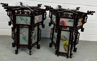 A PAIR OF CHINESE LANTERNS, with hand painted individual glass panels, 36cm h x 40cm w (each) (2)