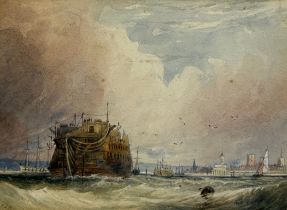 A 19TH CENTURY WATERCOLOUR OF SHIPS ON CHOPPY WATERS, Signed J. Edge. Mounted in a frame and glazed.