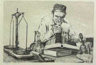 AN ETCHING OF AN ALCHEMIST OR SCIENTIST, Titled and numbered edition signed by the artist
