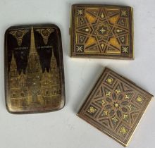 TWO TOLEDO DAMASCENED BRASS INLAID CIGARETTE CASE AND A SIMILAR COMPACT, One with 'Barcelona La