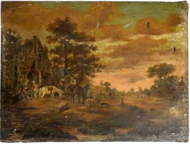 A 19TH CENTURY OIL ON CANVAS LANDSCAPE PAINTING OF AN AGRICULTURAL VILLAGE SCENE, With figures,