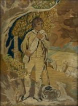 A GEORGIAN PICTORAL WOOL WORK DEPICTING A YOUNG MAN WITH A DOG, Possibly late 18th century.