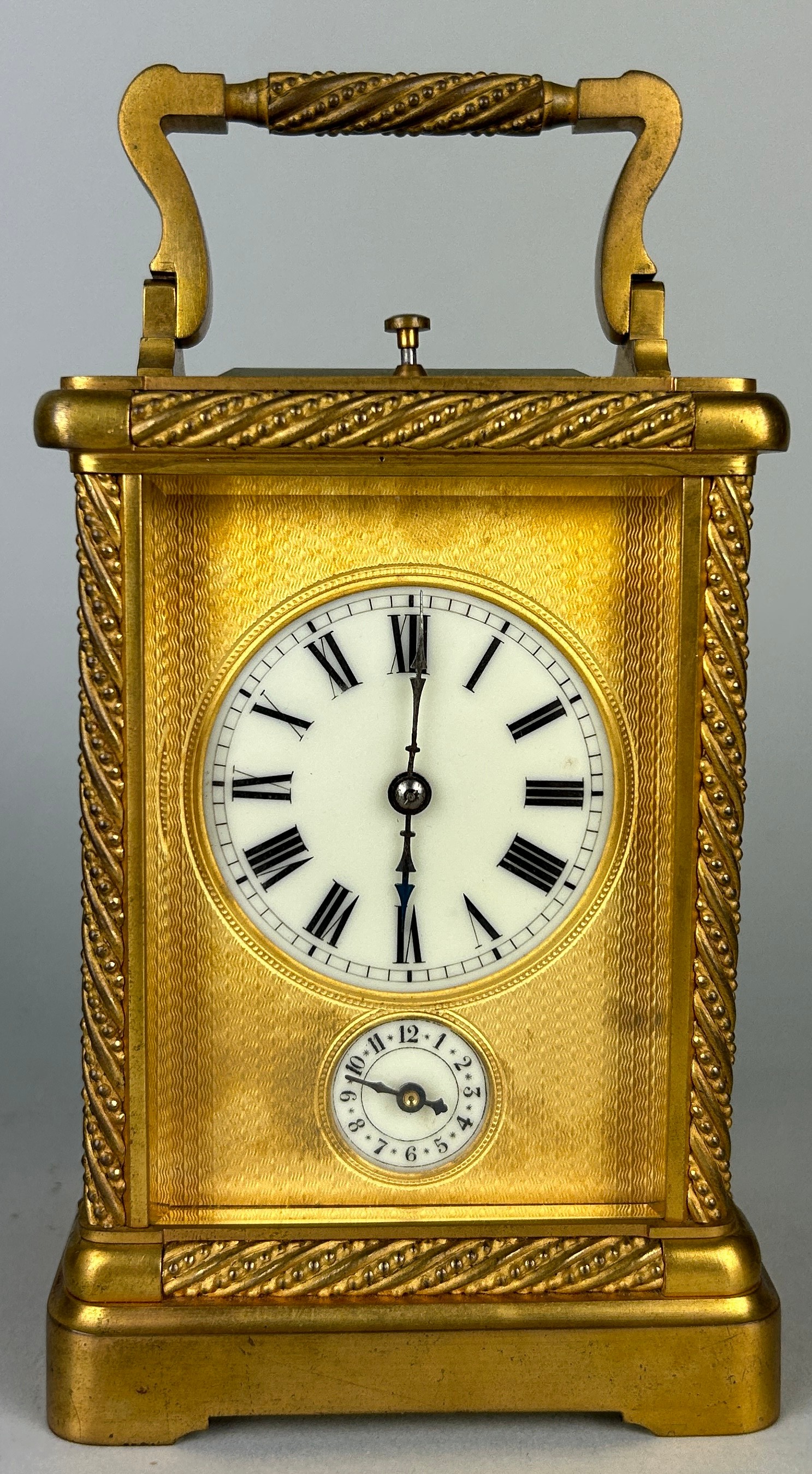A GOOD CASED 19TH CENTURY FRENCH GILT BRONZE REPEATER CARRIAGE CLOCK WITH ALARM In working order. - Image 2 of 7