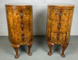 A PAIR OF BURR WALNUT SIDE TABLES EACH WITH THREE DRAWERS (2)