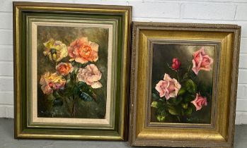 A PAIR OF 20TH CENTURY FLORAL OIL PAINTINGS, both in gilt and painted frames, signed 'Yvette