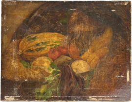 A 19TH CENTURY OIL ON CANVAS PAINTING STILL LIFE OF VEGETABLES, Including marrows, tomatoes and