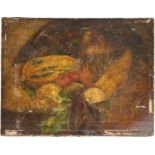 A 19TH CENTURY OIL ON CANVAS PAINTING STILL LIFE OF VEGETABLES, Including marrows, tomatoes and