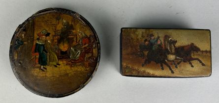 A 19TH CENTURY RUSSIAN PAPIER MACHE BOX WITH DOMESTIC SCENE ALONG WITH A STAMP HOLDER WITH HORSES