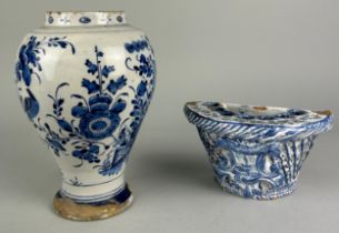 AN 18TH CENTURY DUTCH DELFT VASE AND JARDINIERE (2) Decorated with flowers and birds.