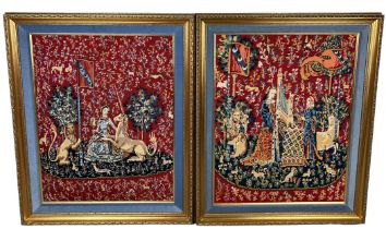 A PAIR OF FRENCH NEEDLEWORK PICTURES, GILT FRAMED AND MOUNTED IN BLUE VELVET, 78cm h X 68cm w (each)