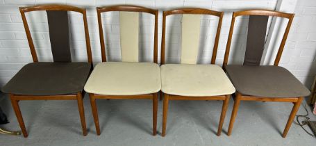 FOUR DANISH MID-CENTURY DINING CHAIRS, two with beige upholstery and two with brown upholstery,