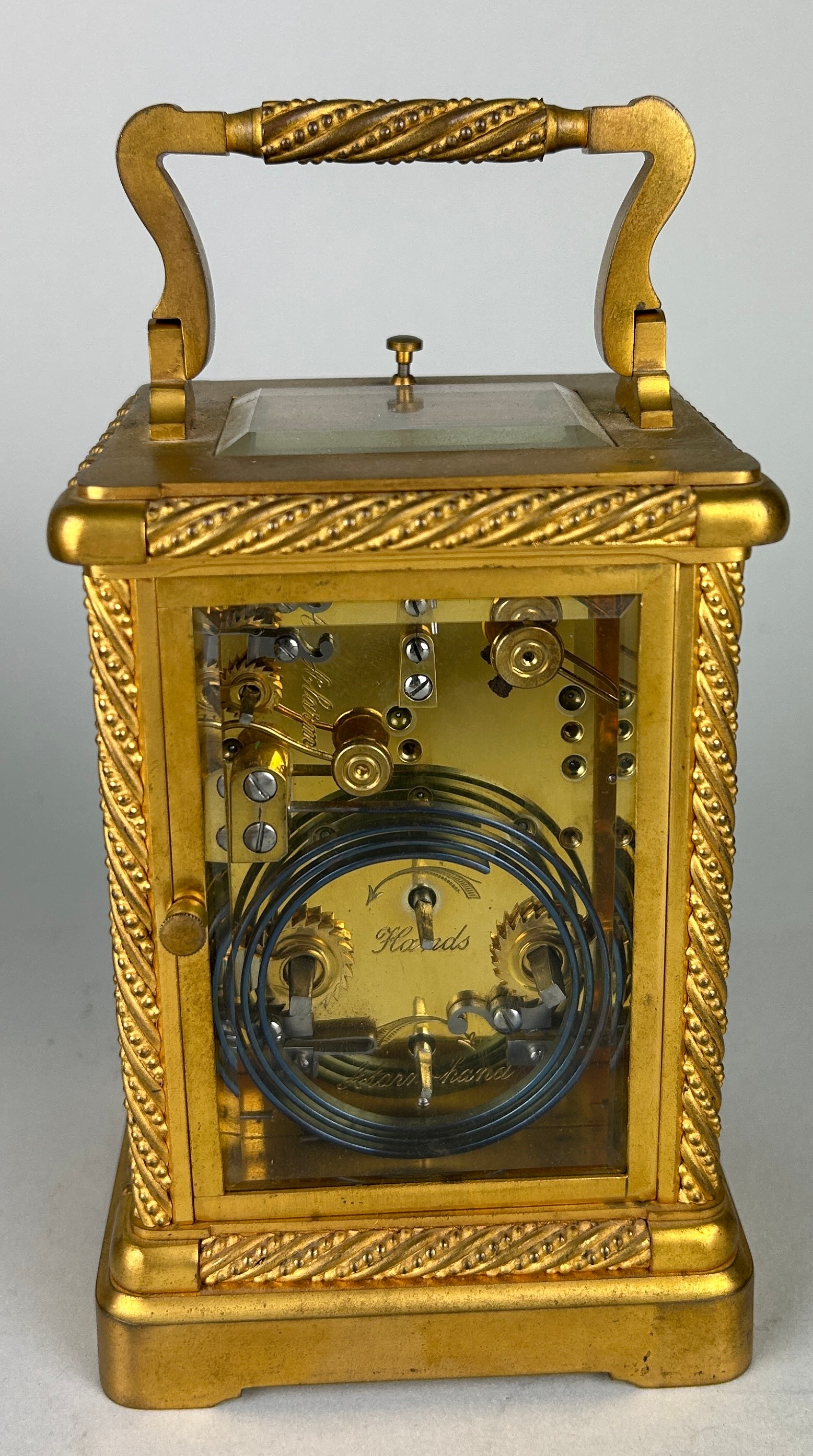 A GOOD CASED 19TH CENTURY FRENCH GILT BRONZE REPEATER CARRIAGE CLOCK WITH ALARM In working order. - Image 4 of 7