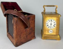 A GOOD CASED 19TH CENTURY FRENCH GILT BRONZE REPEATER CARRIAGE CLOCK WITH ALARM In working order.