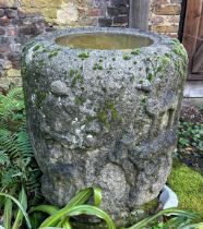 A LARGE AND UNUSUAL JAPANESE STONE CISTERN DECORATED WITH DEER, 73cm x 73cm