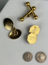 A PAIR OF 9CT GOLD CUFFLINKS AND TWO PAIRS SIMILAR YELLOW METAL ALONG WITH TWO MAUNDY COINS Gold