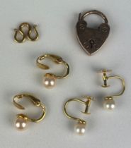 TWO PAIRS OF PEARL AND 9CT GOLD EARRINGS, Along with a small snake pendant and heart locket.