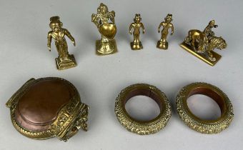 A GROUP OF FIVE CIRCA 1900 CEYLON BRASS STATUETTES OF FIGURES INCLUDING ONE RIDING A LION ALONG WITH