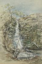 JOAN PRYNN WATERCOLOUR ON PAPER OF TREES BESIDE A WATERFALL, Mounted in a frame and glazed.