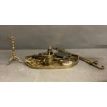 A quantity of brass and metal items to include hip flask, cups, spoon and fire tongs