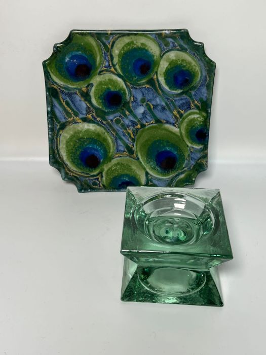 A peacock plate and a glass square candle holder (SQ23cm)