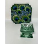 A peacock plate and a glass square candle holder (SQ23cm)