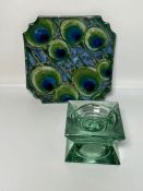 A peacock plate and a glass square candle holder (SQ23cm)