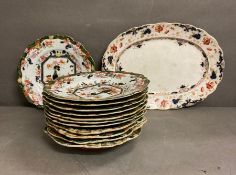 A set of twelve Masons antique English Imari chinoiserie plates and one serving plater