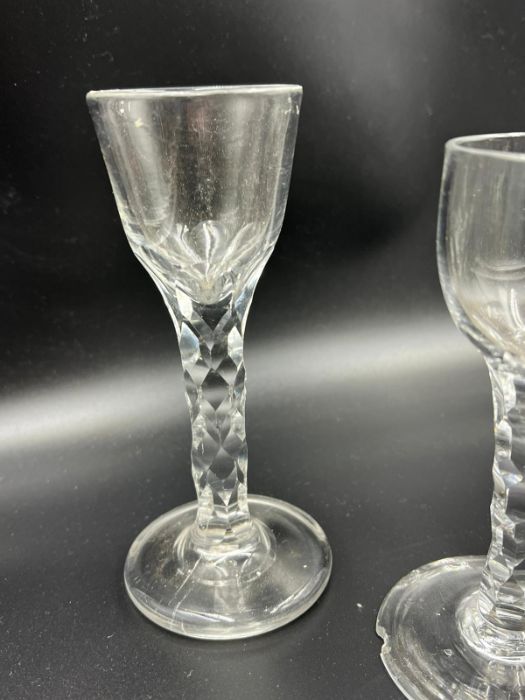 Six wine glasses with cup bowls and facet stems (Five have chips to base) - Image 2 of 6