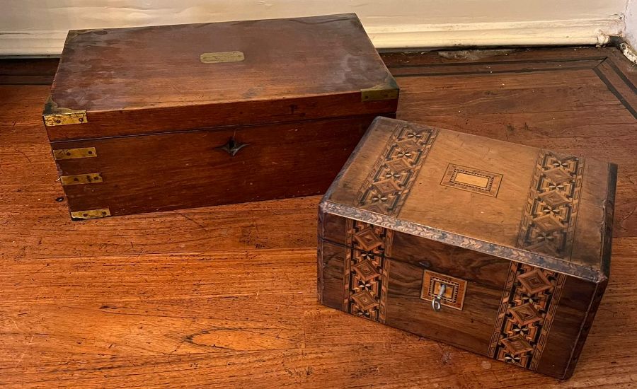 A brass banded mahogany box, campaign style and an inlaid box - Image 5 of 8