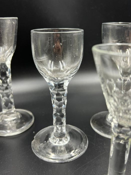 Six wine glasses with cup bowls and facet stems (Five have chips to base) - Image 4 of 6