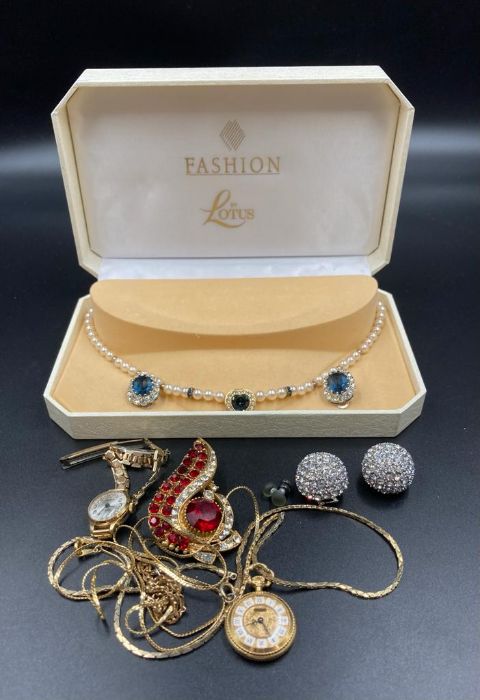 A small selection of quality costume jewellery to include a Sekonda ladies watch on a rolled gold