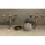 A selection of silver plate and white metal items to include candle Arber with bottle coaster and an