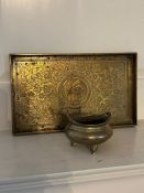 A brass tray with cherry blossom decoration and brass censor