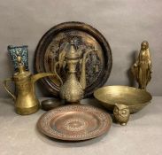 A selection of brass items to include coffee pots, bowls and an owl