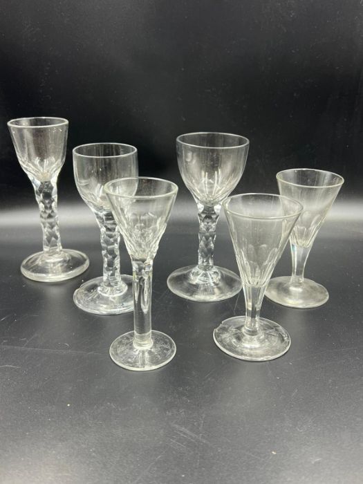 Six wine glasses with cup bowls and facet stems (Five have chips to base) - Image 3 of 6