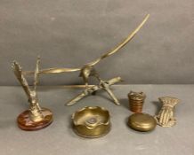 A selection of brass items to include birds and a French ashtray